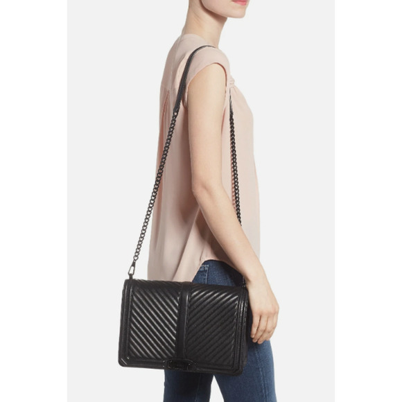 Rebecca Minkoff Chevron Jumbo Love Leather Shoulder Bag Black $398+ AUTHENTC - Picture 2 of 12